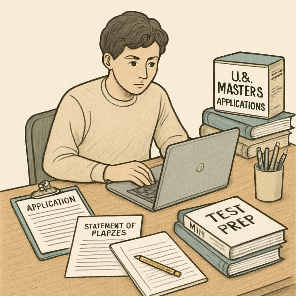 A student working on their application at a desk with a laptop and documents related to U.S. master’s applications. A student preparing their U.S. master’s application with a laptop and documents.