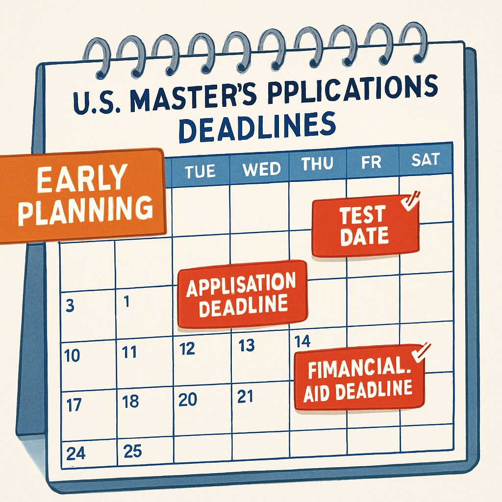 A calendar marked with important deadlines for U.S. master’s applications, emphasizing the importance of early planning. A calendar highlighting key deadlines for U.S. master’s applications.