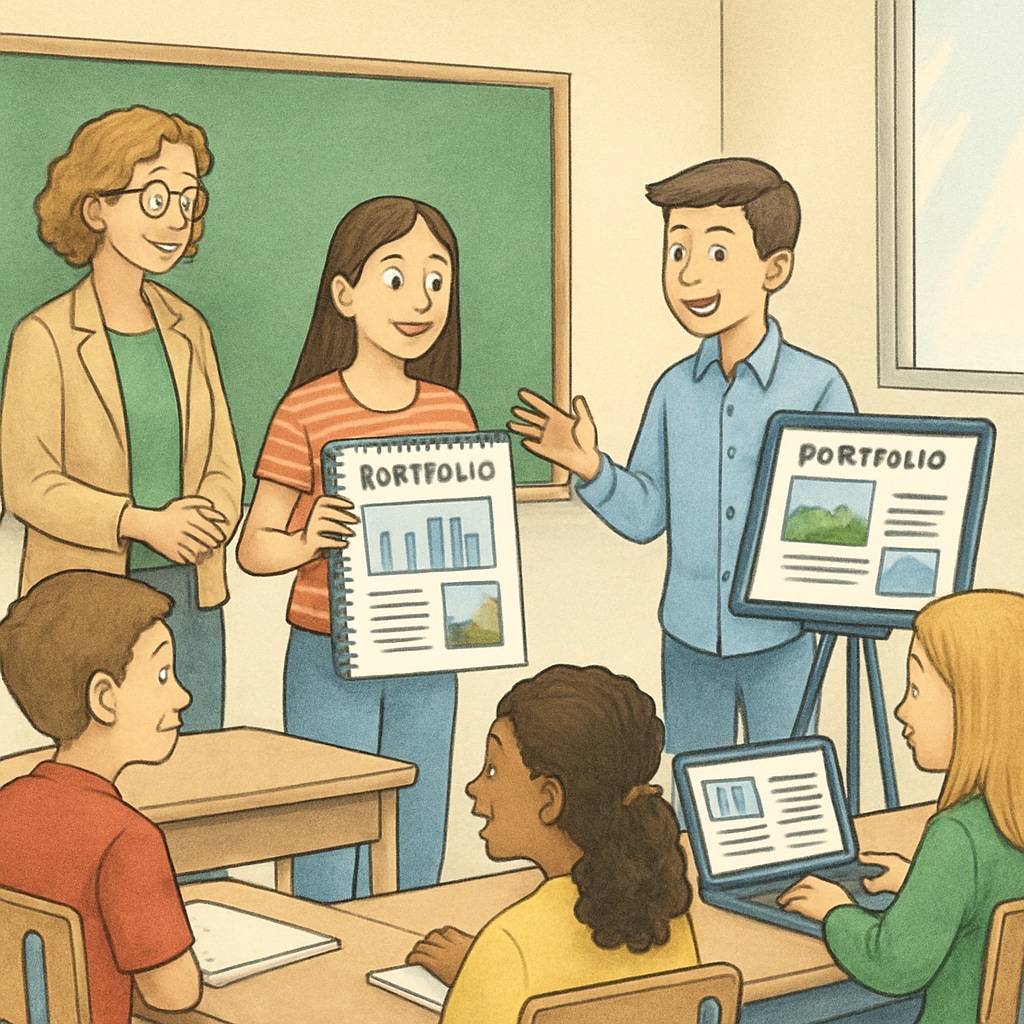 Students presenting their portfolio projects in a classroom. The image highlights the practical application of portfolio-based assessment in education. Students showcasing their portfolios as part of innovative evaluation systems.