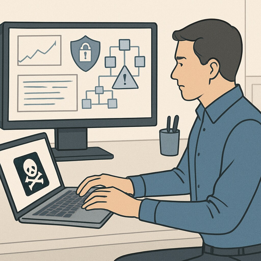Cybersecurity professional analyzing simulated attack scenario.