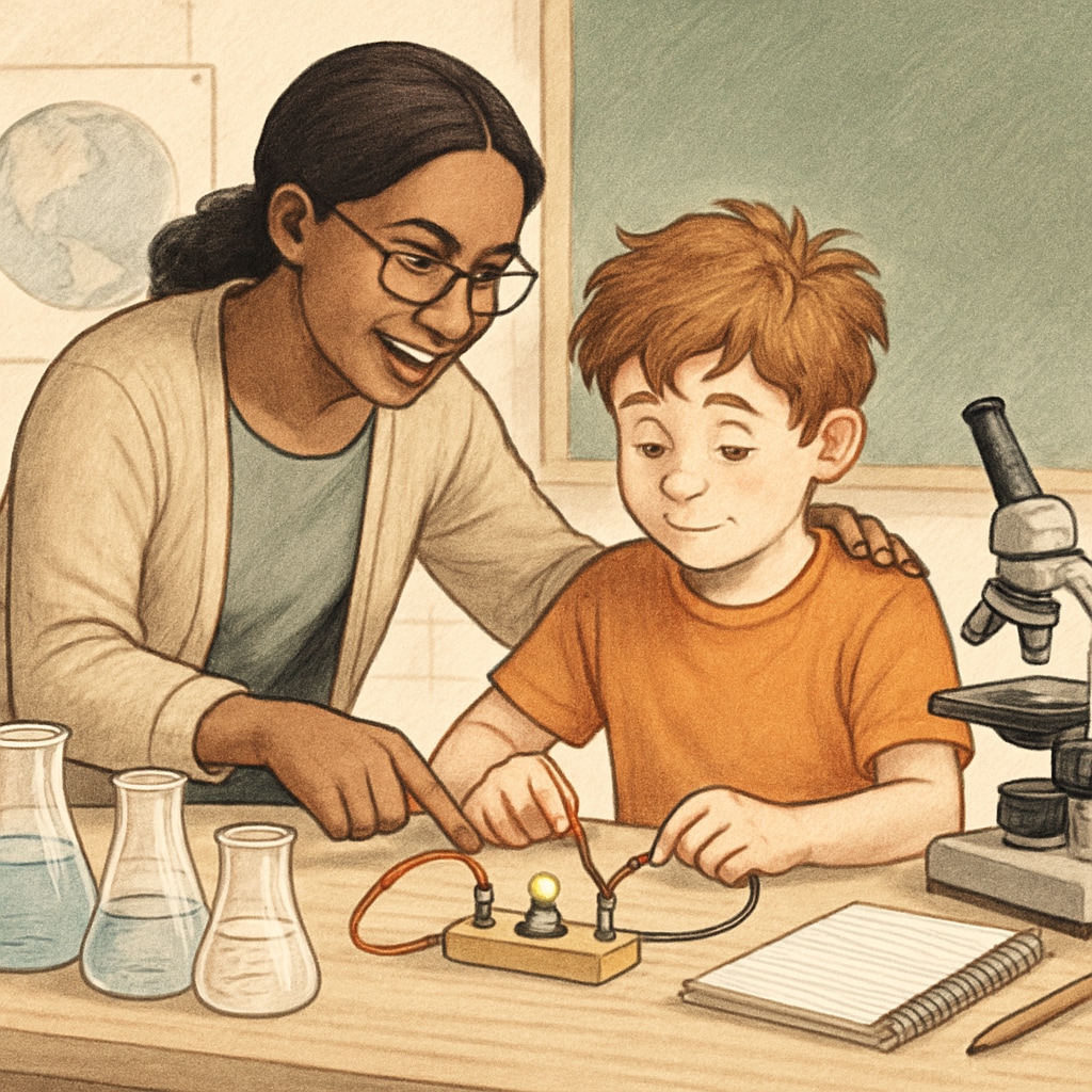 Teacher supporting an ADHD student in a hands-on gifted project.