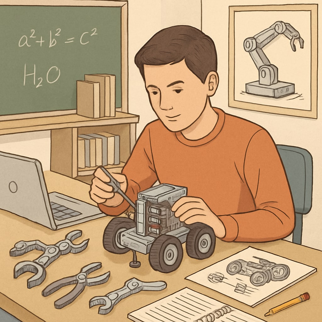 A student working on robotics, showcasing the integration of career and technical education with traditional academics.