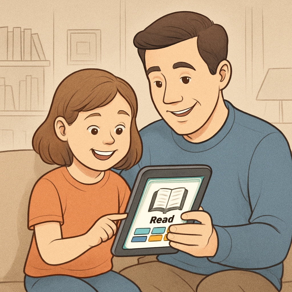 A child and parent using a tablet to explore a kid-friendly reading app, emphasizing engagement and digital learning. Parent and child engaging with an Android children's reading app.