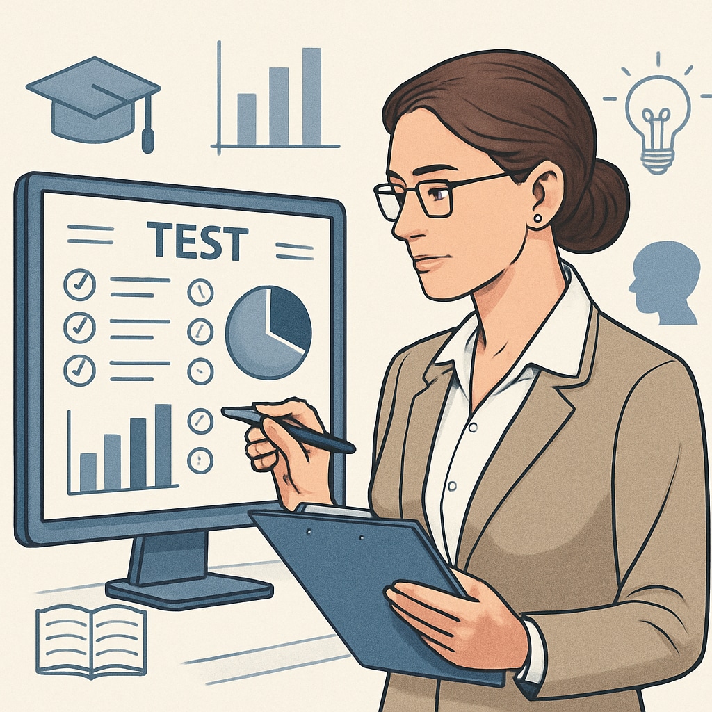A teacher analyzing student test data on a digital platform. The image highlights the use of technology in evaluating assessments. Teacher using a digital platform to review student test data for effective analysis.