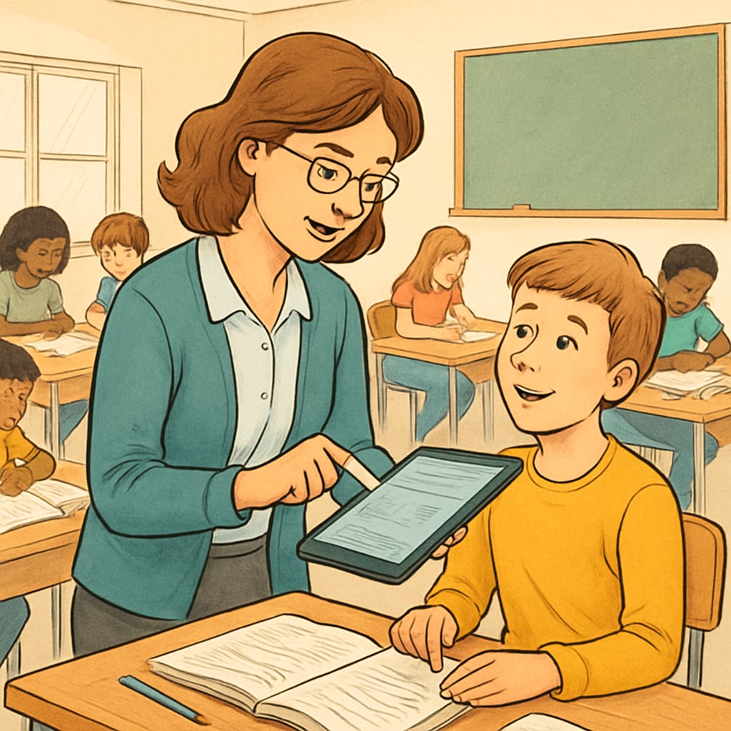 A teacher using a tablet to provide real-time feedback to a student during a collaborative classroom activity. Teacher offering real-time feedback to a student in an interactive learning environment.