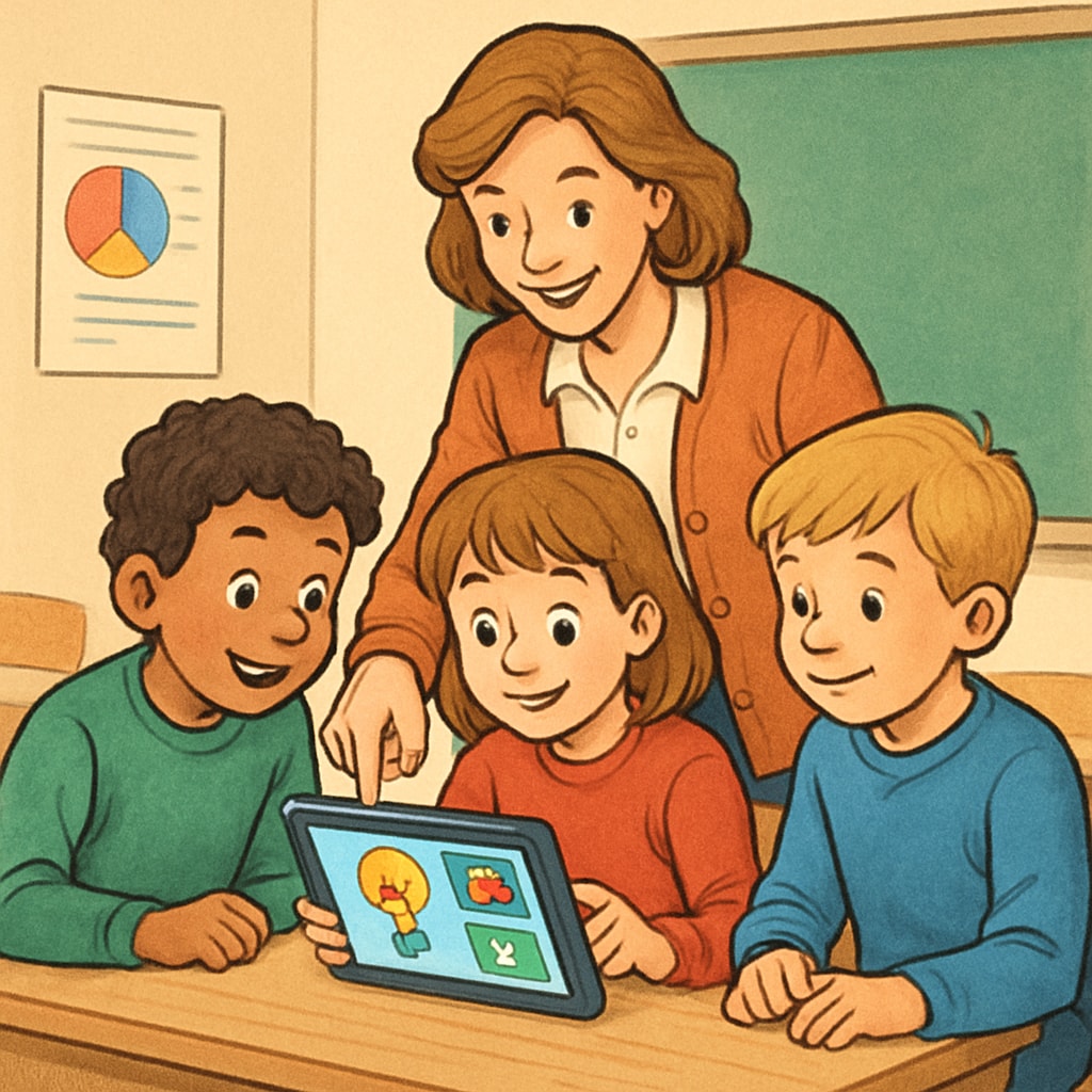 A teacher guiding students as they interact with an educational app on a tablet, highlighting collaborative learning. Teacher and students using an Android reading app for collaborative learning.