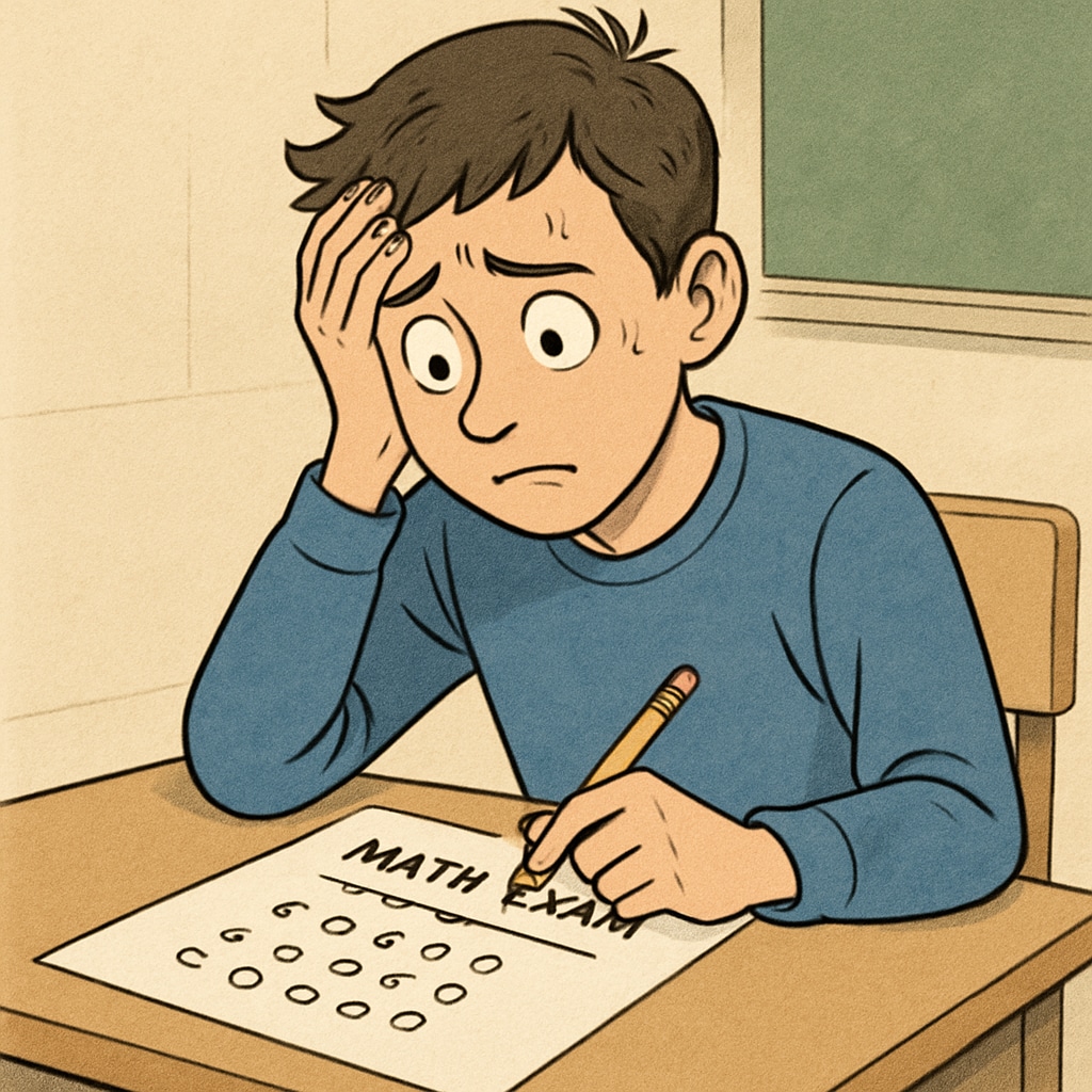 A student appearing anxious while attempting a math exam, surrounded by multiple-choice options. Exam anxiety, math exams, multiple-choice questions