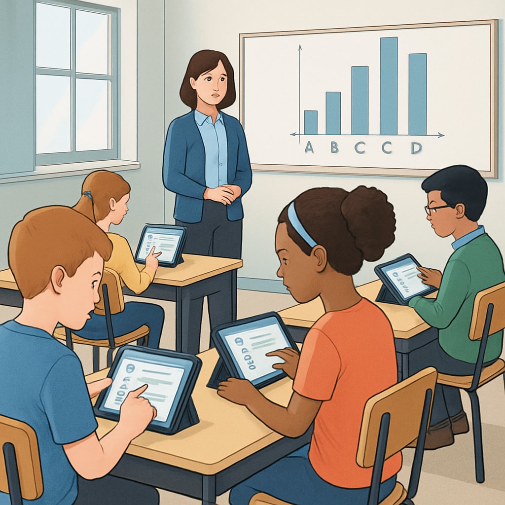 Students taking a digital assessment on tablets in a classroom setting, showcasing the integration of tech in modern education. Students using tablets for a digital assessment in an interactive classroom environment.