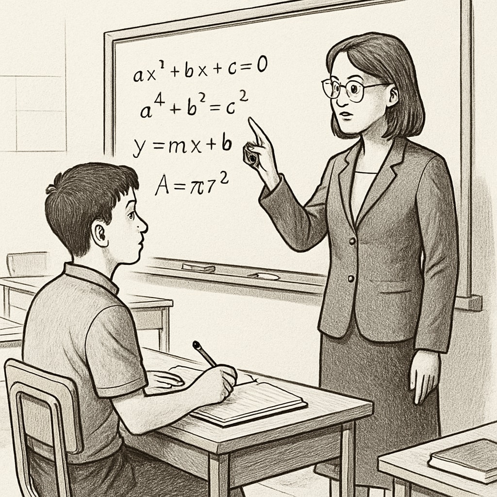 A teacher coaching a student on test-taking strategies, with math formulas on a whiteboard. Overcoming exam anxiety in math exams with effective strategies