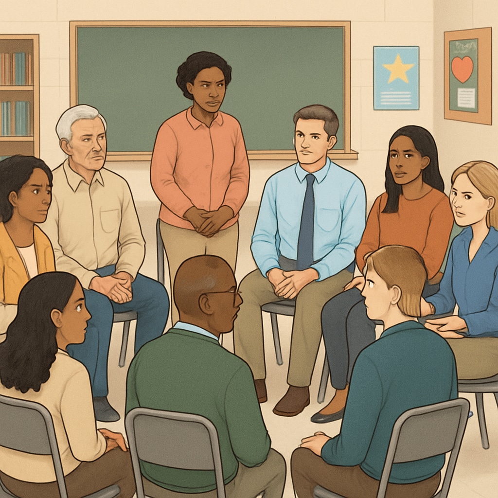 A concerned community gathering to discuss school governance issues, including allegations of abuse. Community meeting discussing school board member abuse history allegations.
