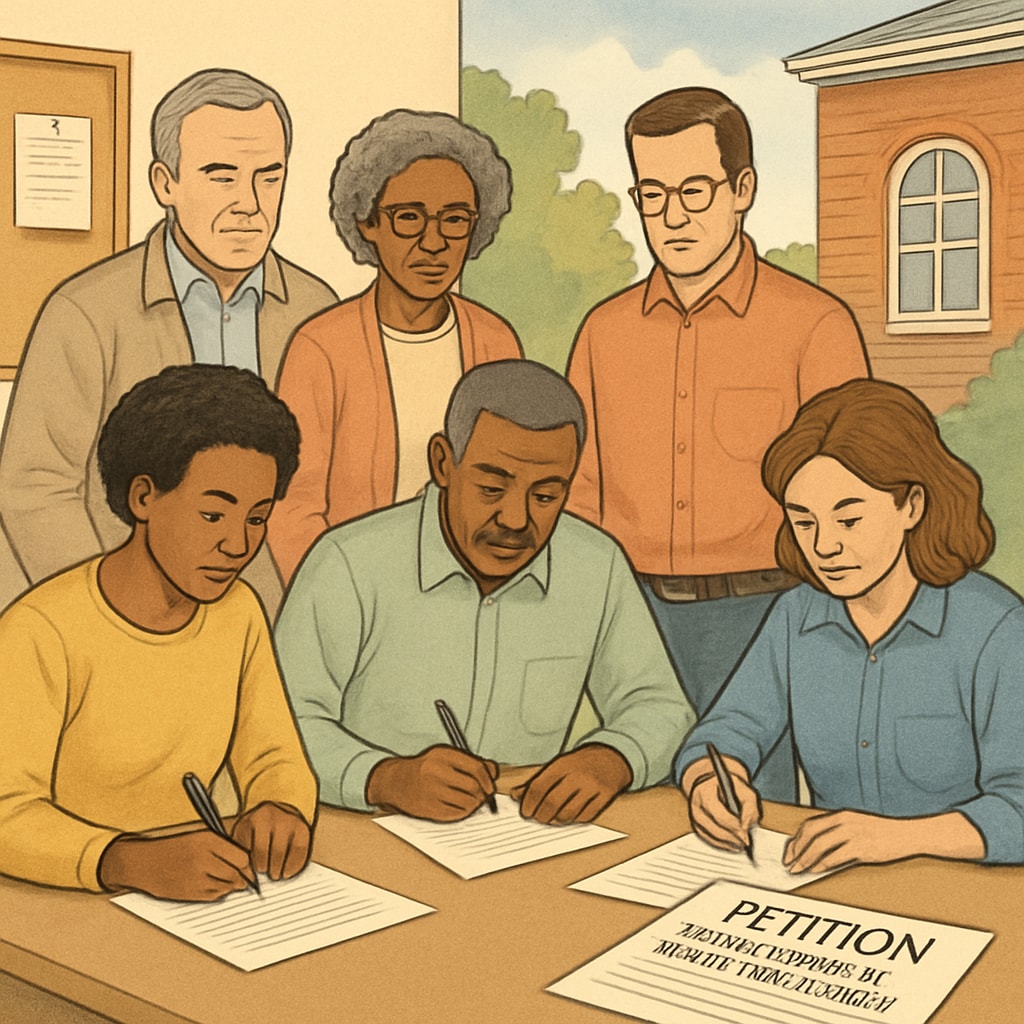 Parents and community members signing petitions to address concerns about school board governance. Community members signing petitions addressing school board governance concerns.