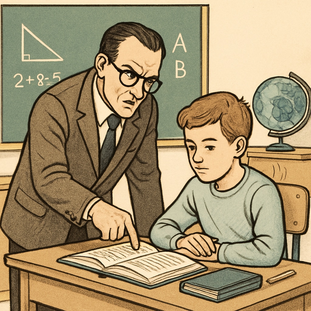 A classroom scenario where a teacher is intensely coaching a student, emphasizing strictness and focus. A teacher coaching a student with strict educational methods.