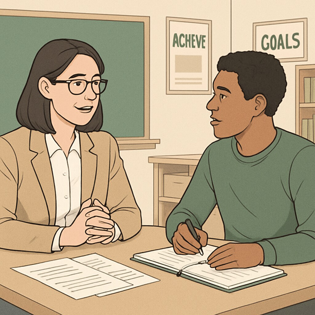 A supportive high school counselor discussing credit recovery options with a student. High school credit recovery counseling session