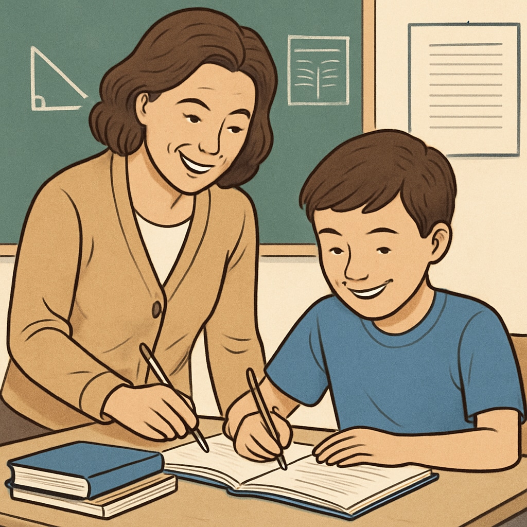 A teacher smiling and encouraging a student during a collaborative learning activity. A teacher showing care and encouragement in a learning environment.