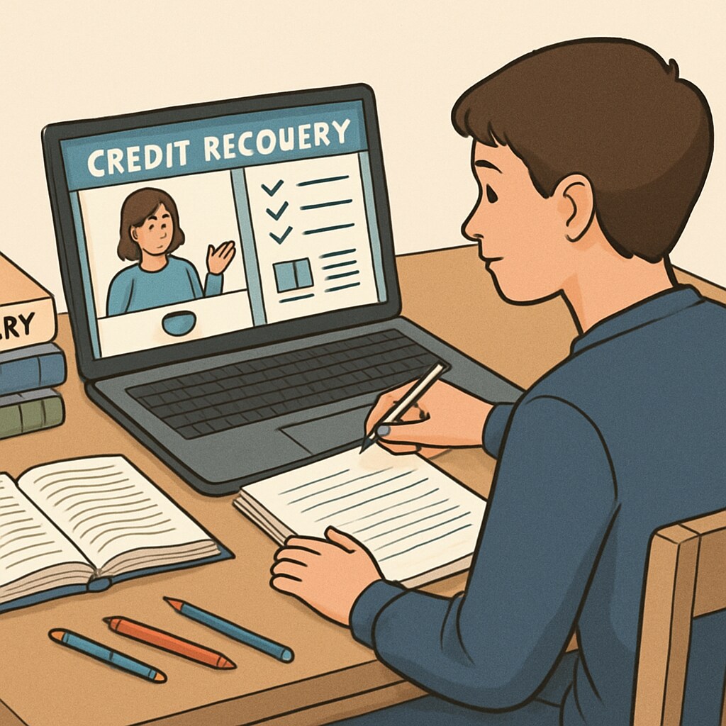 A student using an online platform to recover high school credits, surrounded by textbooks and notes. Online high school credit recovery tools