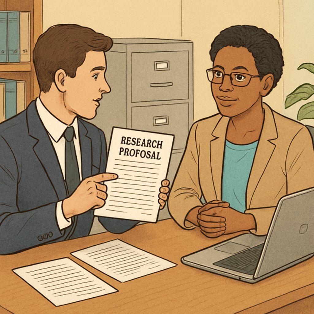 A graduate student presenting their research proposal to a school counselor in a professional setting. Graduate student discussing research proposal with school counselor for interviews.