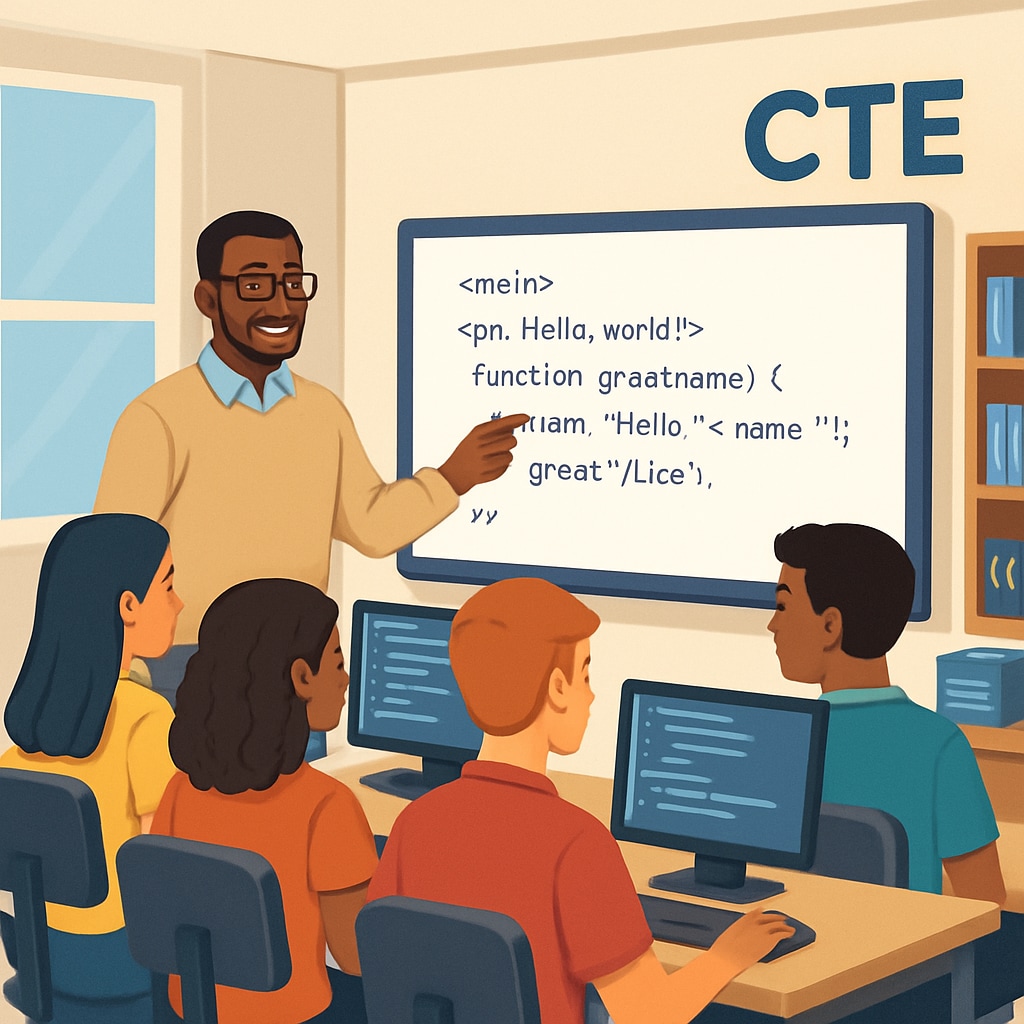 A teacher demonstrating coding concepts to a diverse group of students in a CTE classroom. Teacher explaining coding to students in a career and technical education class.