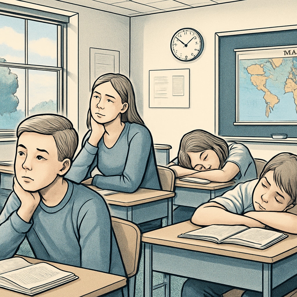 A classroom filled with students visibly disengaged, some staring out the window while others rest their heads on their desks. Students experiencing boredom in a classroom setting.