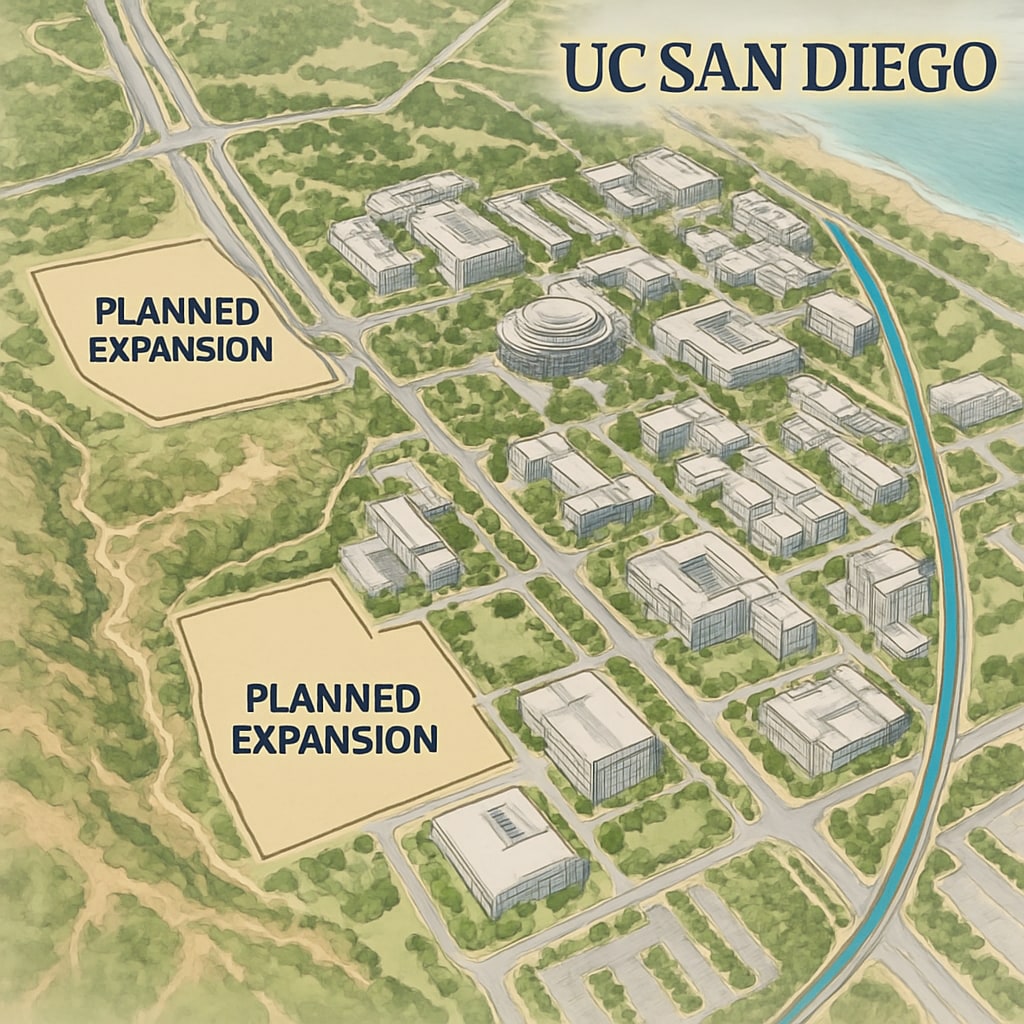 Aerial view of UC San Diego campus showing existing infrastructure and expansion plans. UC San Diego campus infrastructure and expansion plans.