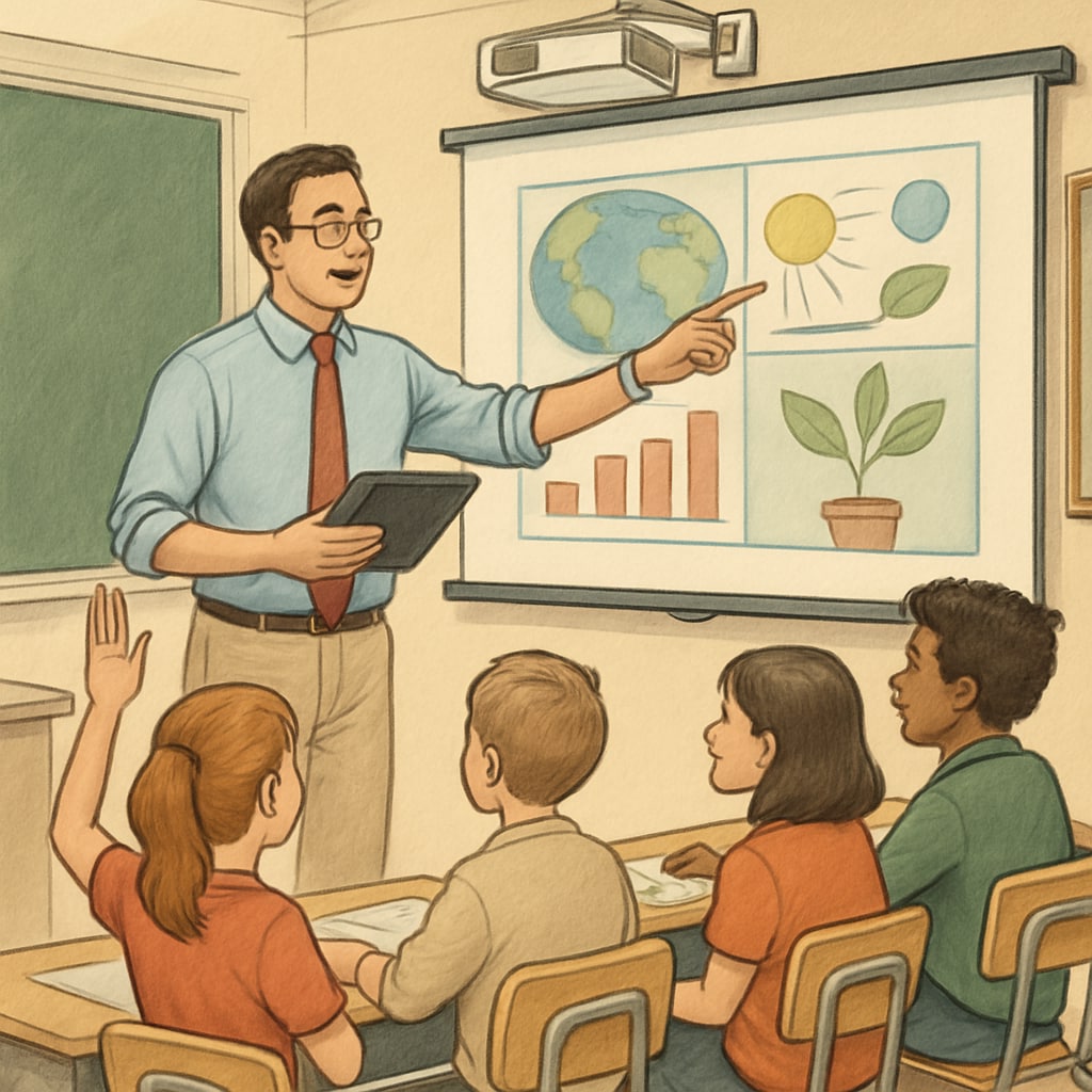 A teacher using interactive tools, such as tablets or a projector, to engage students in a lively classroom discussion. Teacher employing interactive methods to improve classroom engagement.