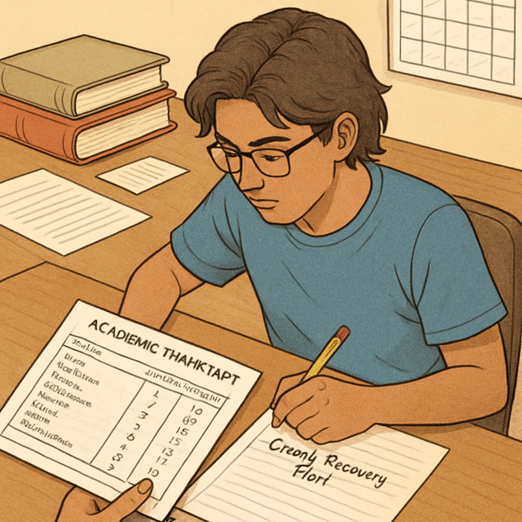 A concerned high school student reviewing their academic transcript and planning their credit recovery strategy. High school student planning credit recovery after credit deficiency.