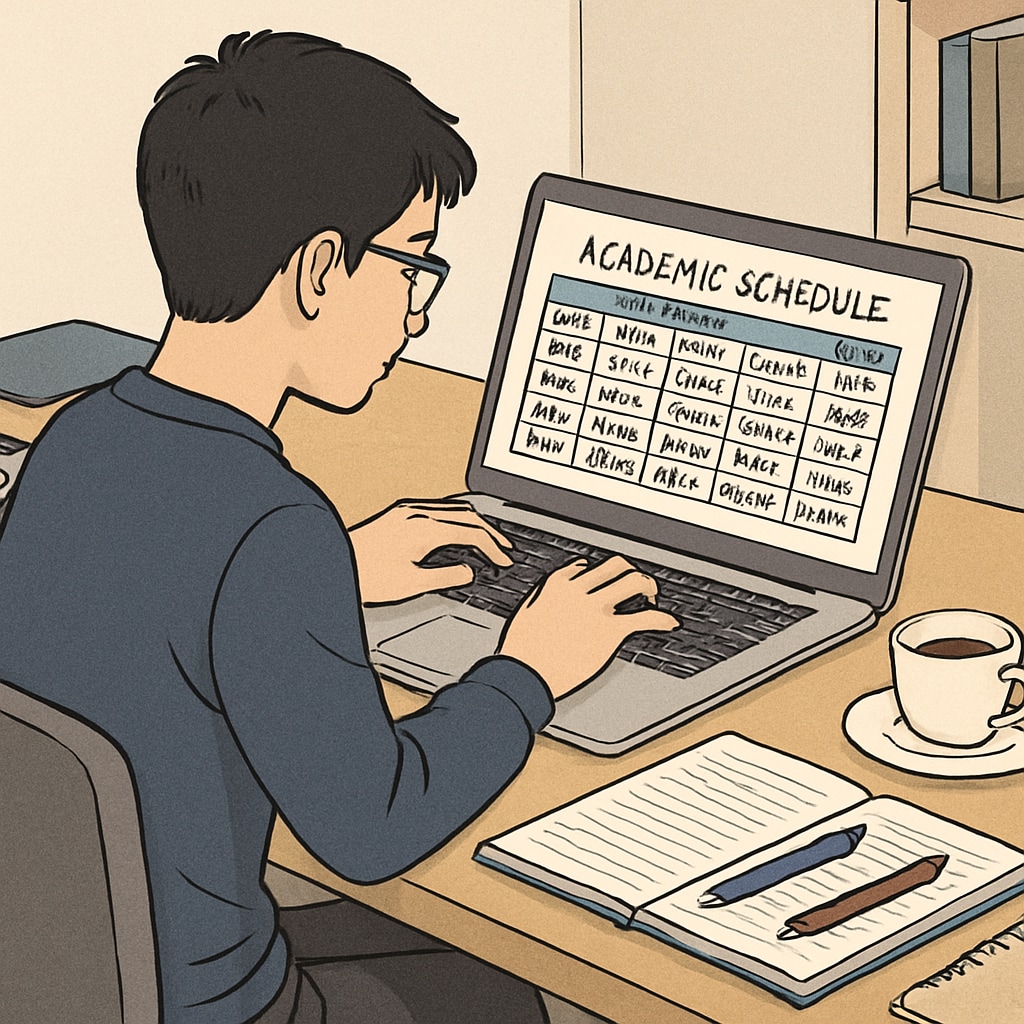 A high school student creating a detailed academic schedule on a laptop, surrounded by study materials. High school student organizing an academic schedule to catch up on credits.