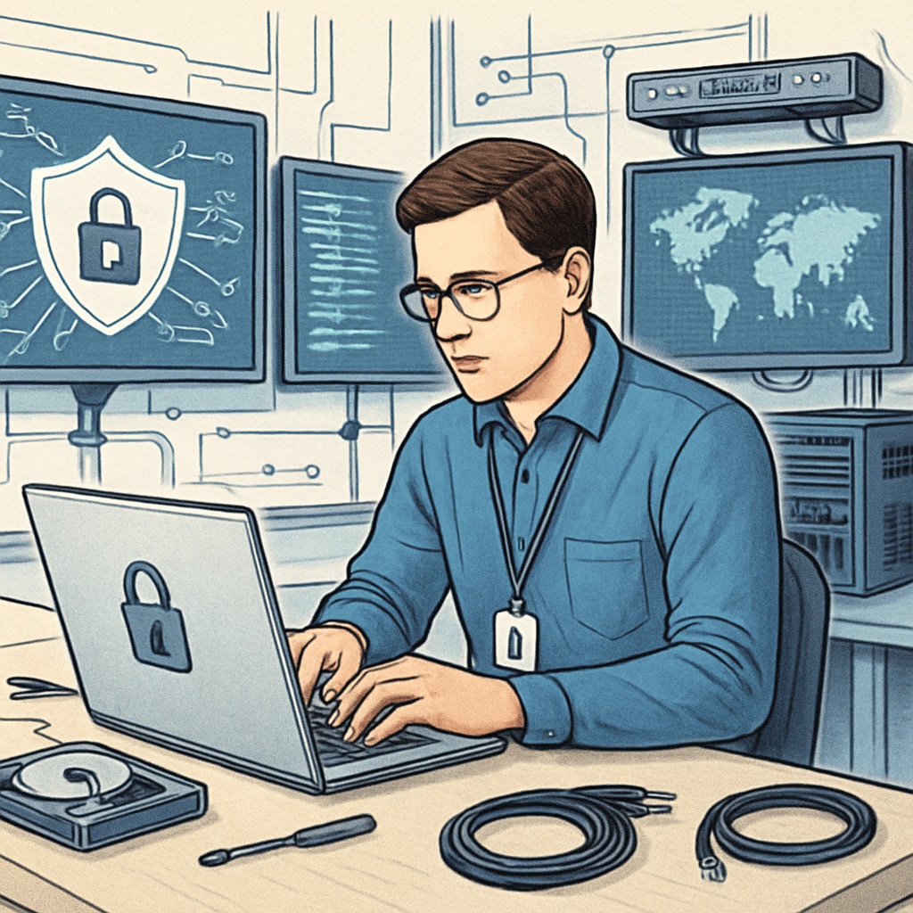 A cybersecurity professional working on a laptop in a tech lab, representing hands-on skills and expertise. Cybersecurity professional demonstrating practical skills.