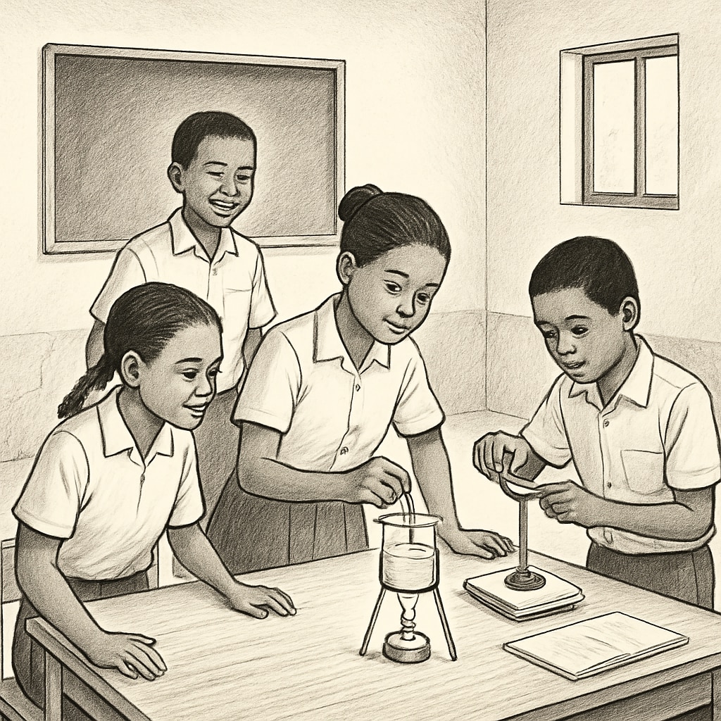 Students conducting a science experiment in a resource-limited environment, showcasing resilience in education. Science experiment in Gaza classroom emphasizing resilience in education.