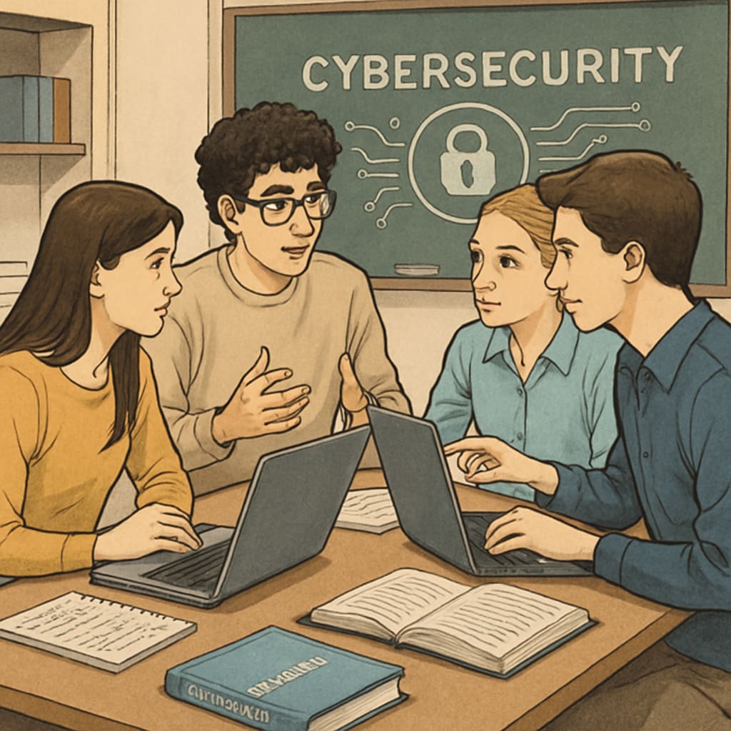 A group of cybersecurity students collaborating on a project, symbolizing teamwork and practical learning. Cybersecurity students engaging in teamwork and skill-building.