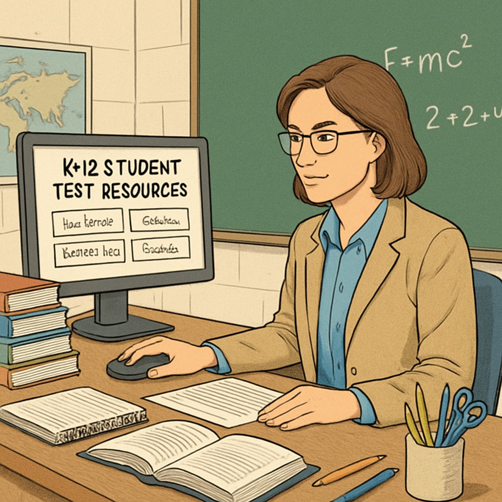 A teacher reviewing K12 student test resources on a computer screen in a classroom setting. Teacher reviewing K12 student test resources on a computer