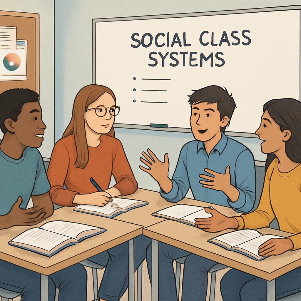 A classroom with students engaged in a discussion about social class systems, illustrating active learning and critical thinking. Students discussing social class systems in a classroom setting.