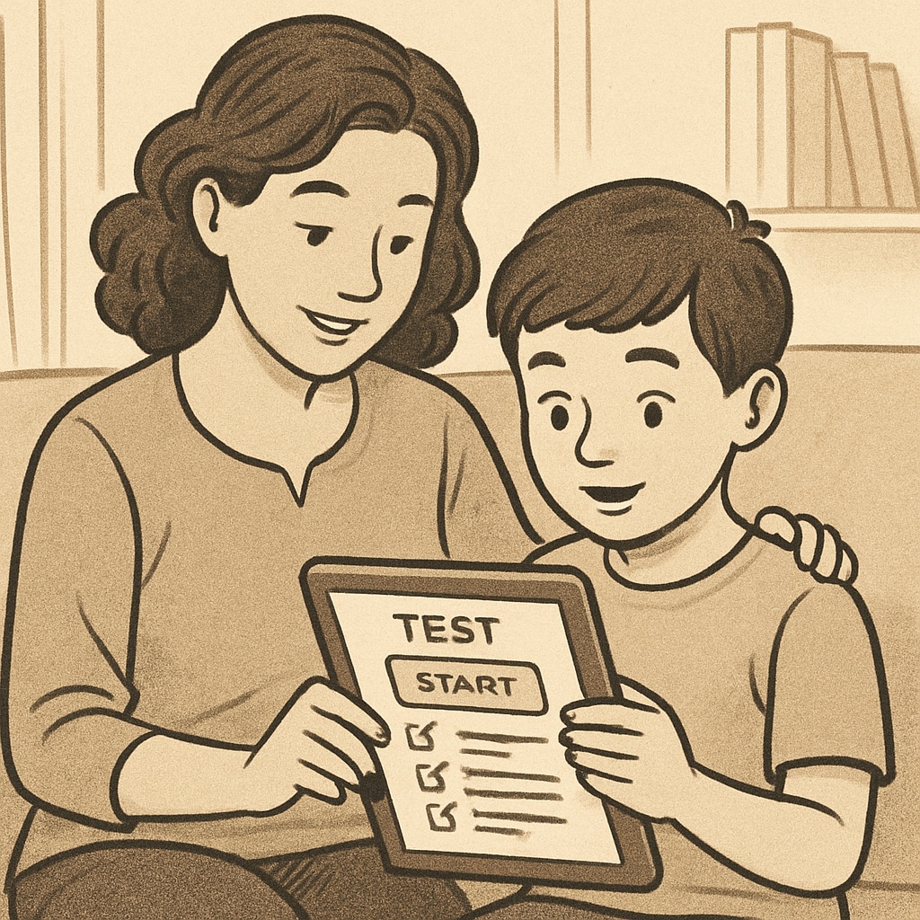 A parent and child exploring educational test resources on a tablet at home. Parent and child examining educational test resources on a tablet