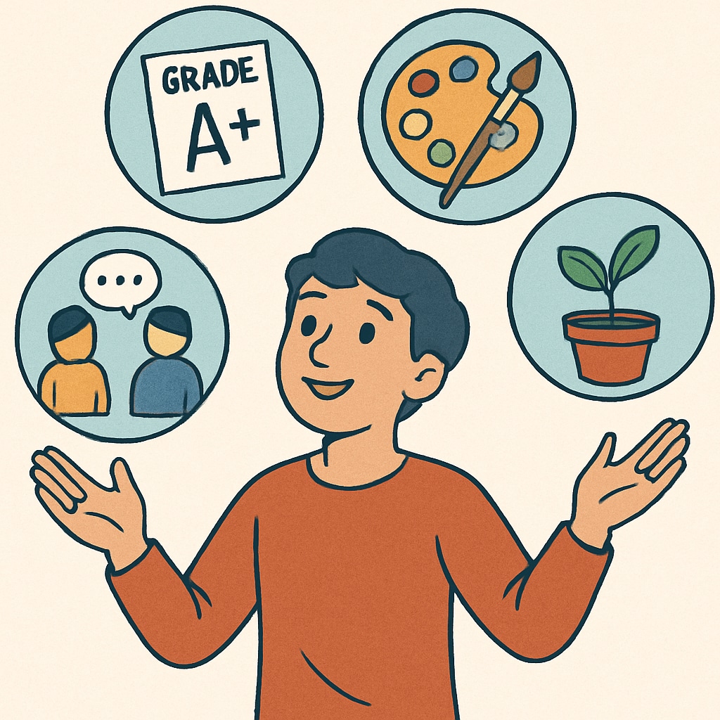 Student balancing grades, creativity, collaboration, and personal growth in learning.