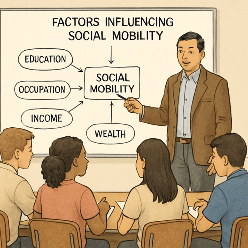 An educator presenting a diagram showing factors influencing social mobility, with students analyzing the data in groups. Diagram illustrating social mobility factors in an educational context.