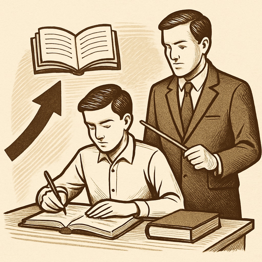 A symbolic image of a student striving for excellence under teacher's guidance, representing the theme of strict education methods. Student striving for excellence under strict education methods.