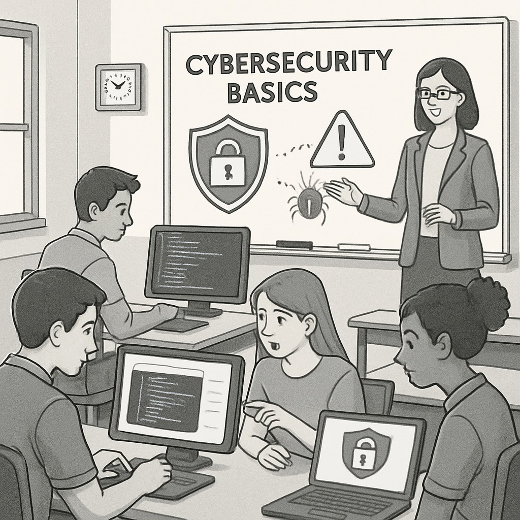 A classroom setting where students are learning cybersecurity basics through hands-on activities. Students are engaged in coding or analyzing simulated digital threats. Students learning cybersecurity basics in an interactive classroom setting