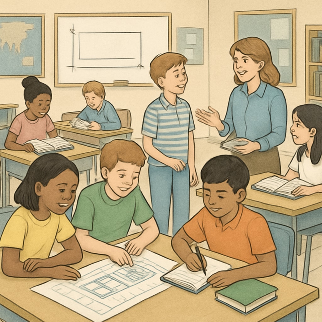 Students in a classroom learning under a year-round school calendar with shorter breaks.