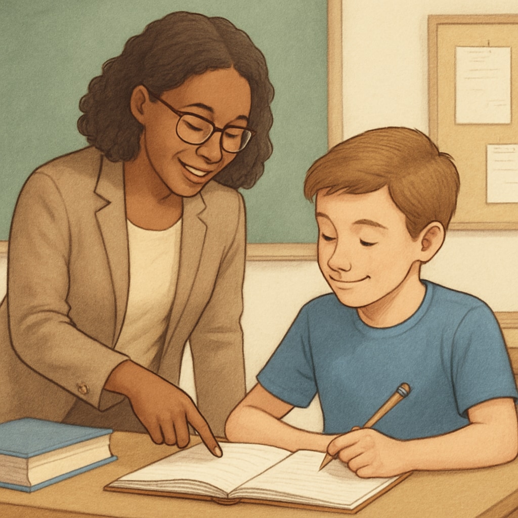 An image of a teacher and student working collaboratively in a classroom setting, emphasizing mutual respect and care in education. Teacher and student collaborating with mutual respect in education.
