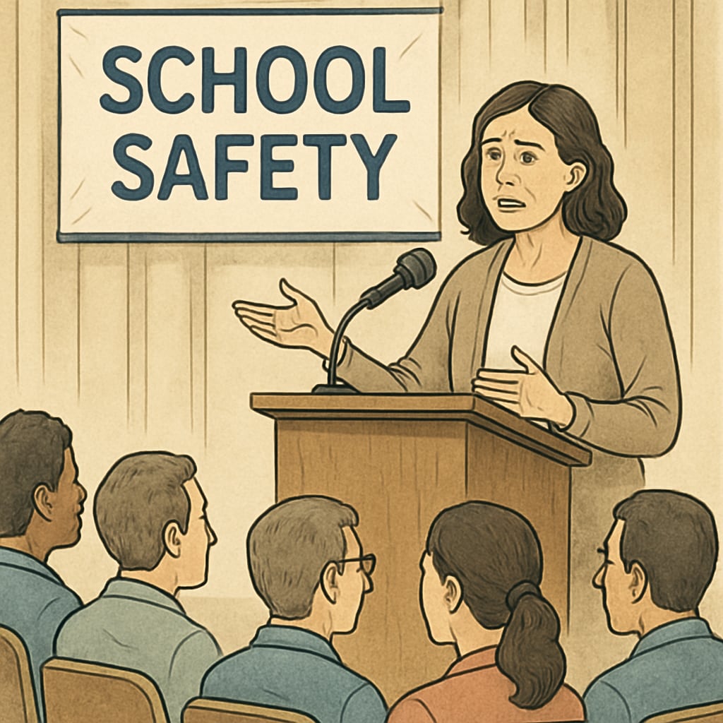 A concerned parent speaking at a town hall meeting about school governance, highlighting the issue of child safety in education. Parent discussing child abuse concerns in school governance during a public meeting