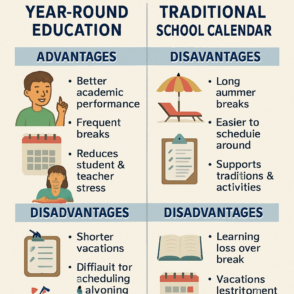 Infographic illustrating pros and cons of year-round school education for knowledge retention and academic performance.