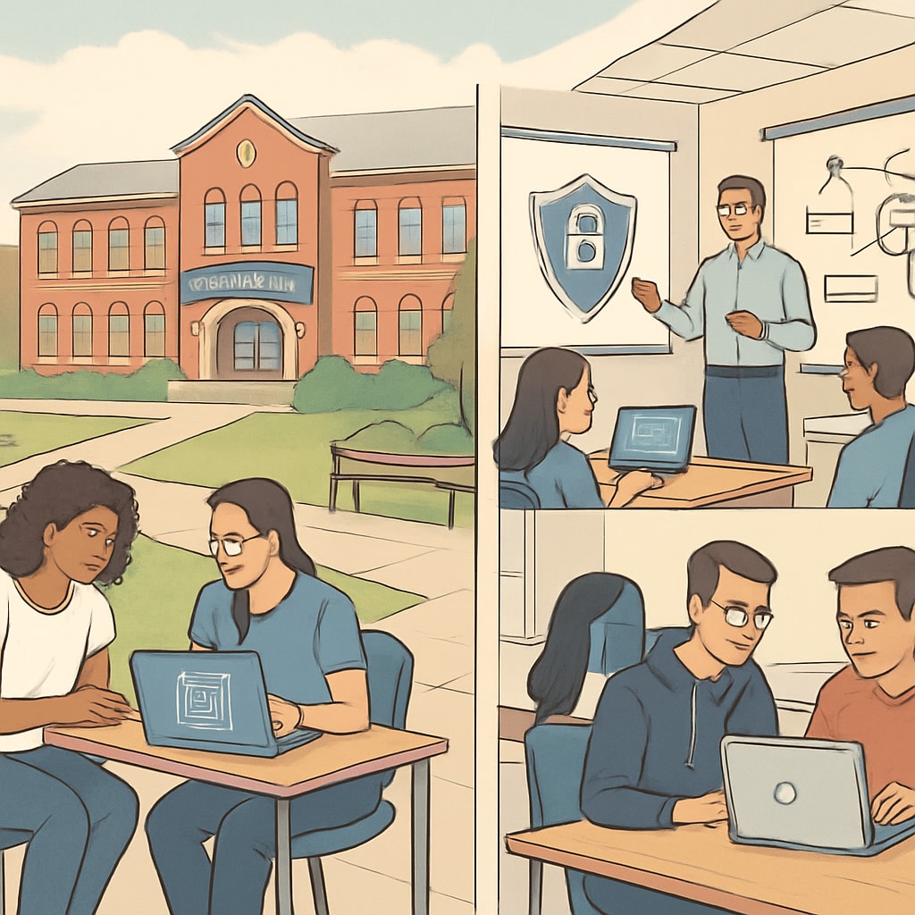 A university campus known for its cybersecurity program, showcasing students working collaboratively on tech projects. The image depicts teamwork and innovation in a modern academic environment. University campus with students working on cybersecurity projects