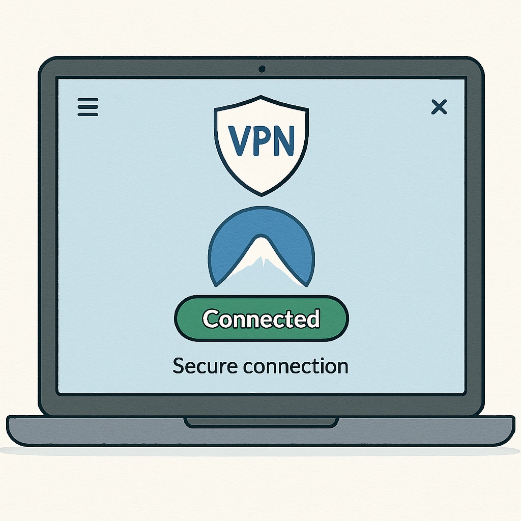 A laptop screen showing a VPN application interface, symbolizing secure internet access. VPN application interface on a laptop, representing age verification, UK, VPN usage.
