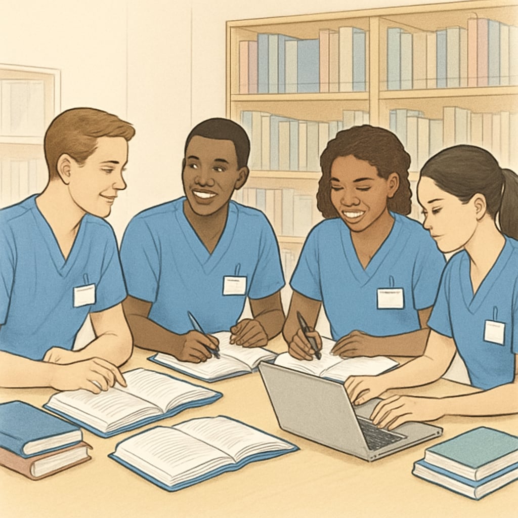 A group of nursing students collaborating in a study group, with books and laptops spread on a table. Nursing students in a study group discussing healthcare topics.