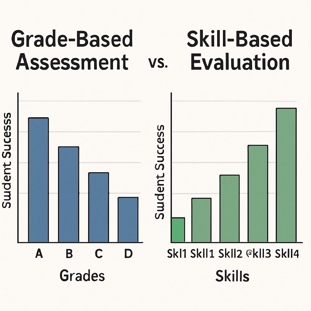 A bar chart comparing grade-based assessments to skill-based evaluations, emphasizing their differences in measuring student success. Chart comparing grade-based and skill-based evaluation methods for student success.