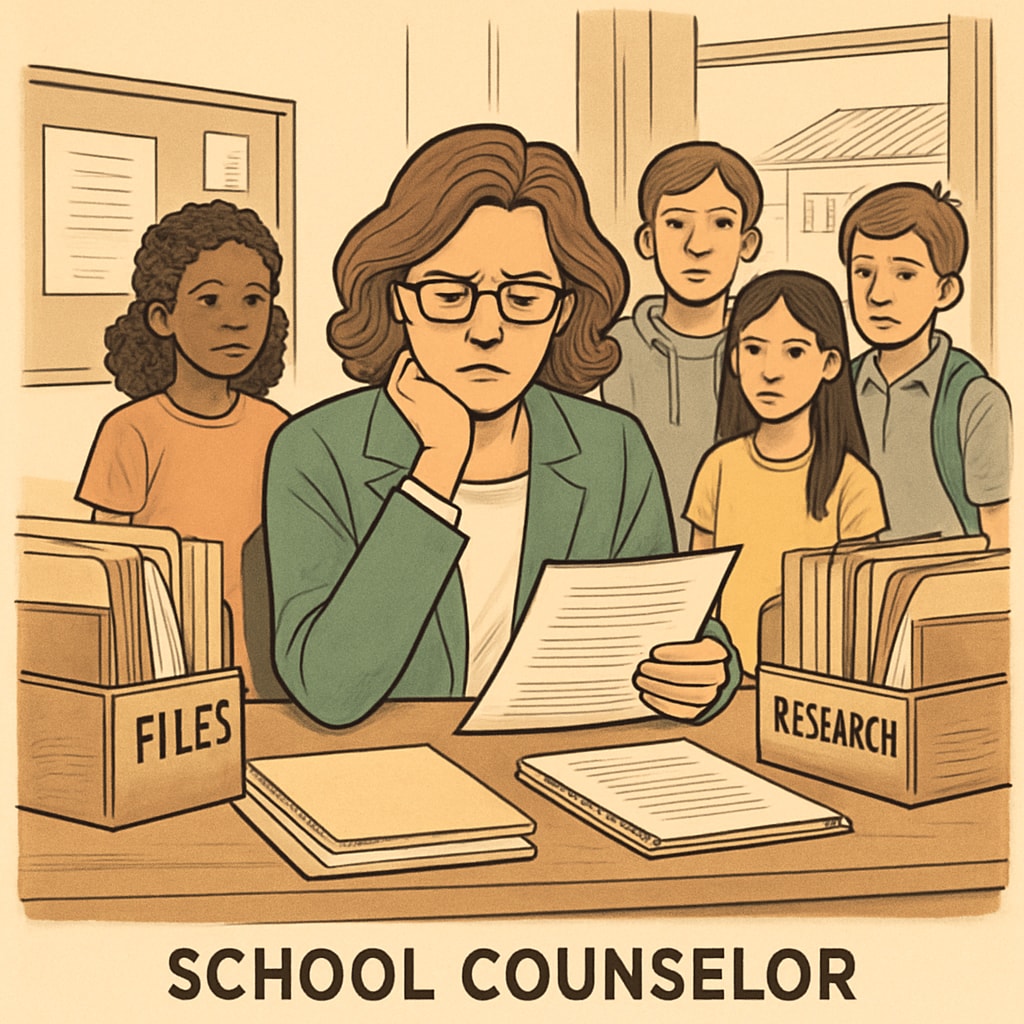A busy school counselor sitting at a desk surrounded by files and students, illustrating the challenges of balancing workload with academic research participation. School counselor at work, highlighting challenges in balancing tasks with interviews.
