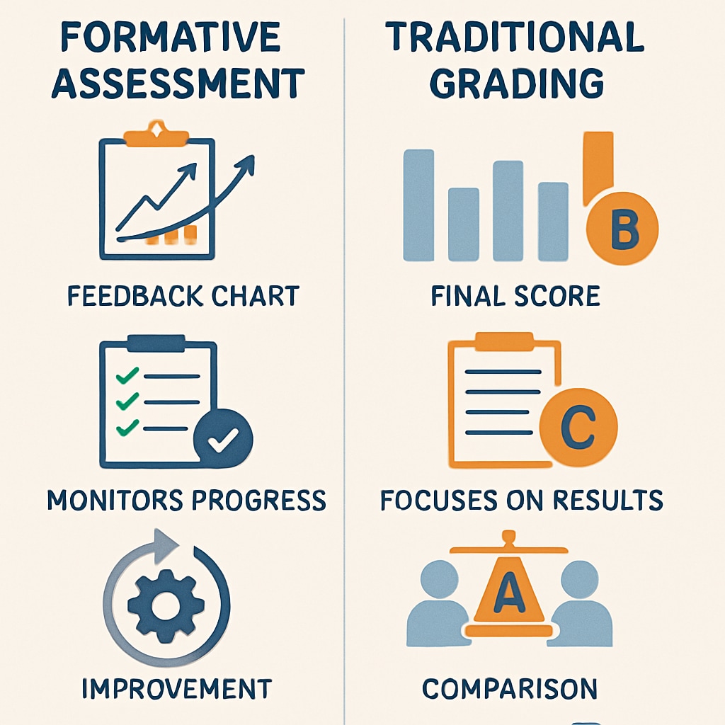 An infographic illustrating the benefits of formative assessments in comparison to traditional grading systems. Benefits of formative assessments versus traditional grading systems.
