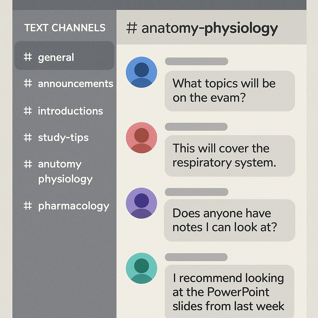 A screenshot of a Discord channel dedicated to nursing students, showing topic-specific channels and active discussions. Discord channel for nursing students with various topics and active chats.