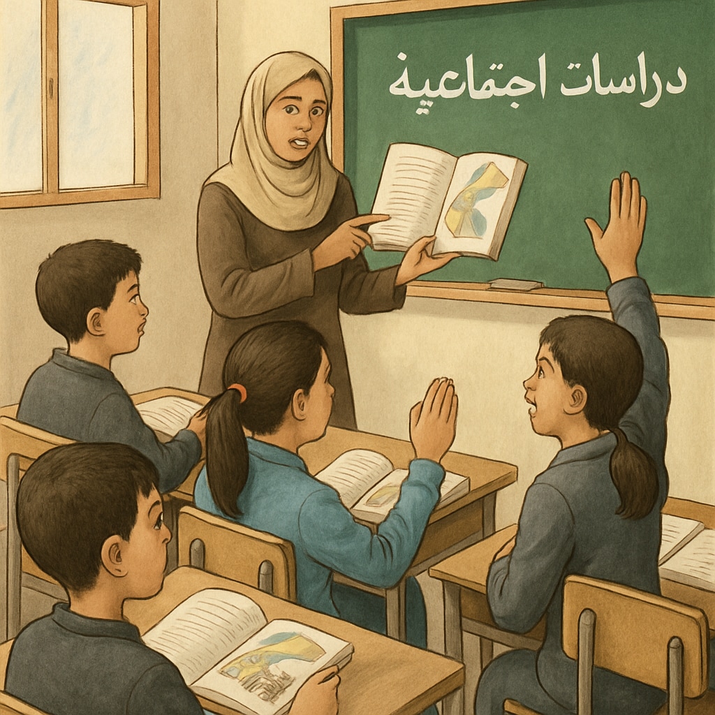 A classroom in Gaza with students engaged in a social studies lesson using locally adapted materials. Gaza classroom teaching social studies adapted to local needs.