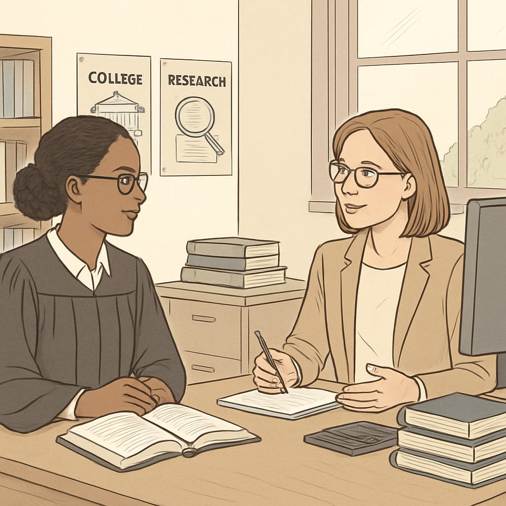 A graduate student interviewing a school counselor in a quiet office setting, emphasizing collaboration and research efforts. Graduate student interviewing a school counselor for academic research.