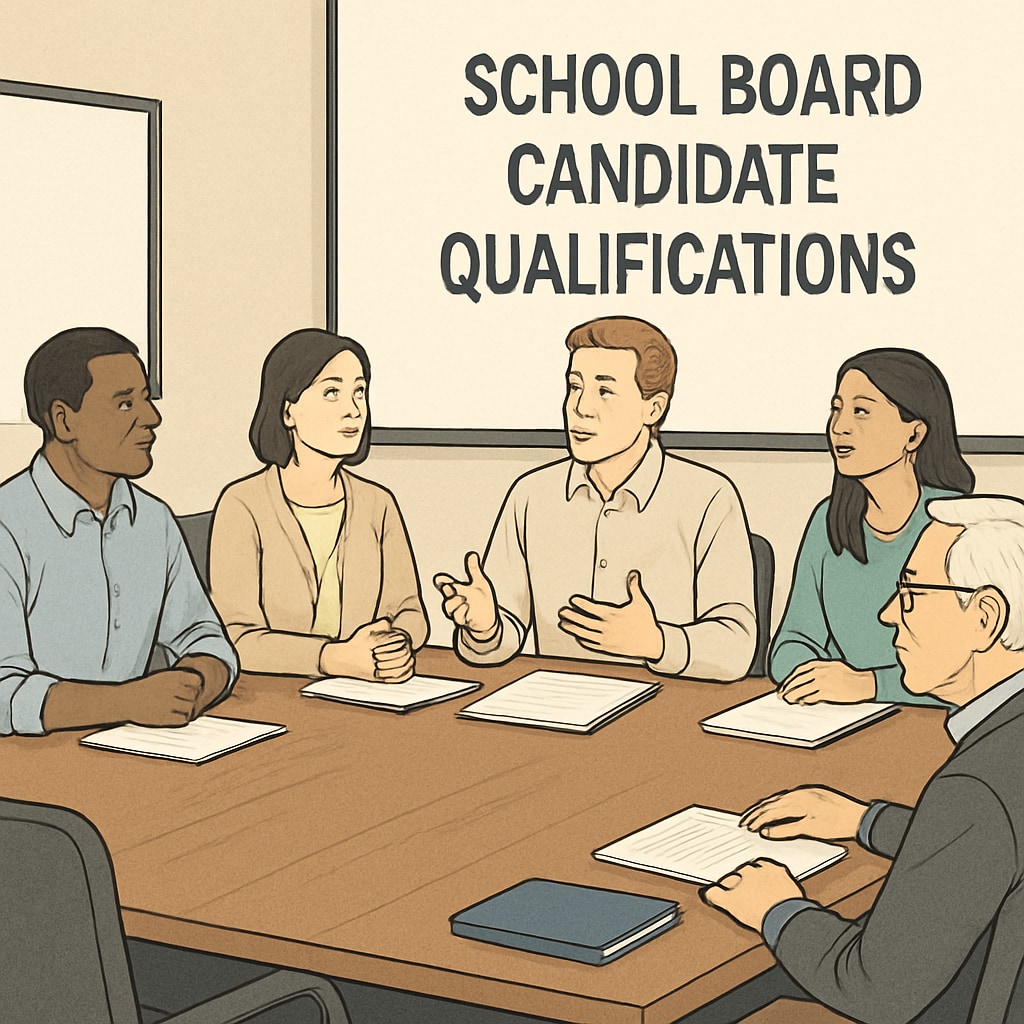 Community members gathered in a meeting room discussing school board candidate qualifications. Community meeting discussing school board candidate qualifications.